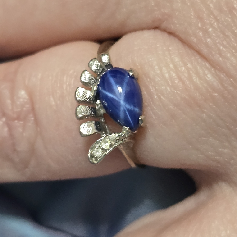 Antique Rare Pear Shape Blue Star Sapphire 10k White Gold Ring 1930's SZ 5